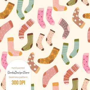May include: A seamless pattern of colorful socks in various designs, including stripes, polka dots, and floral patterns. The socks are in shades of pink, green, brown, and yellow. The text "Hand painted SonkoDesignStore Seamless pattern 300 DPI" is also visible.
