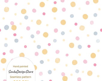 May include: A seamless pattern with hand-painted polka dots in yellow, pink, and blue on a white backdrop. The image includes the text "Hand painted SonkoDesignStore Seamless pattern 300 DPI".