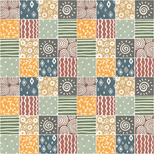 Może przedstawiać: Wz&oacute;r bez szw&oacute;w z patchworkowym wzorem, przedstawiający r&oacute;żne kształty geometryczne i wzory w odcieniach brązu, niebieskiego, zielonego, pomarańczowego i białego.