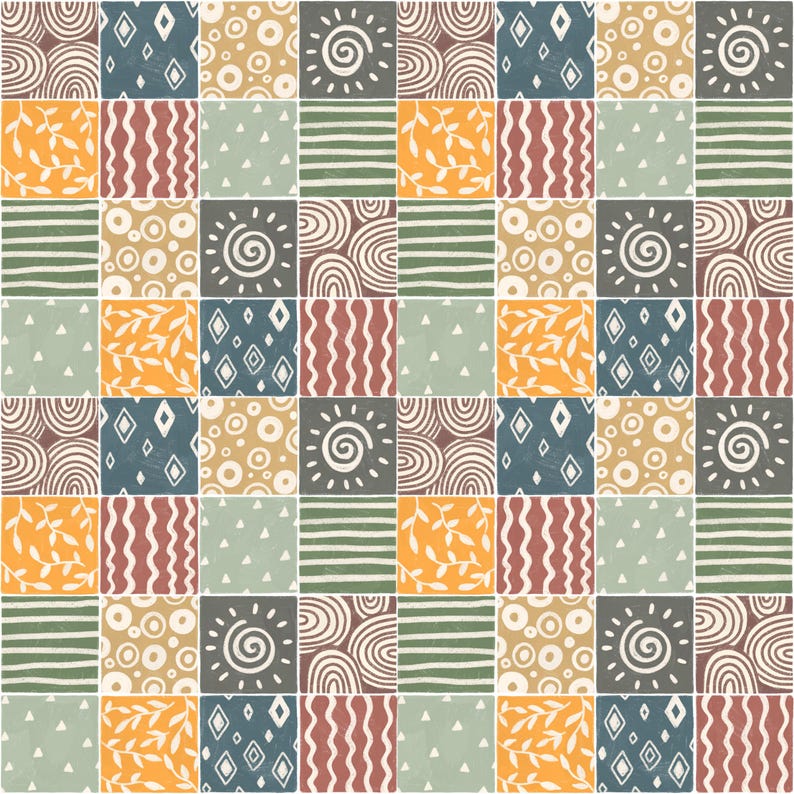 Może przedstawiać: Wz&oacute;r bez szw&oacute;w z patchworkowym wzorem, przedstawiający r&oacute;żne kształty geometryczne i wzory w odcieniach brązu, niebieskiego, zielonego, pomarańczowego i białego.