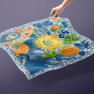 Santorini Summer Scarf – Greek Vacation Souvenir, Colorful Silk Head Wrap or Neck Accessory