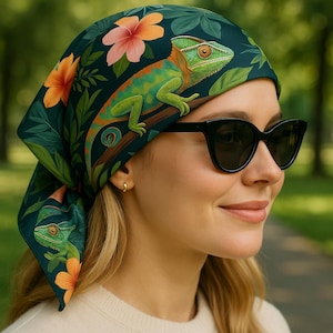 Tropical Chameleon Bandana, Colorful Jungle Square Scarf, Exotic Animal Print Summer Accessory