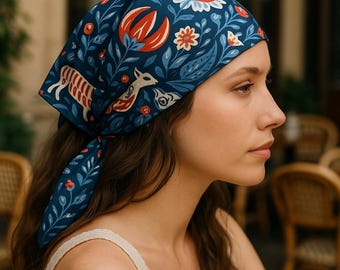 Skandinavisches Blumen Bandana, nordische Volkskunst quadratisches Tuch, blau rotes wunderliches Kopftuch