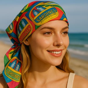 Sardinen silk scarf – Colorful retro print, French summer look, Mediterranean fashion gift