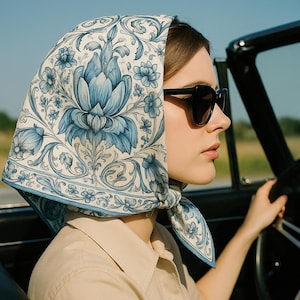 Floral Silk Bandana, Blue White Neckerchief, Elegant Summer Hair Wrap, Purse Accessory, Gift