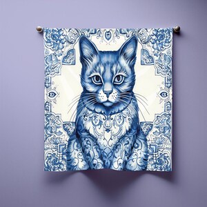 Cat Silk Scarf, Blue and White Scarf with Cat Print, Elegant Square Silk Scarf for Women, Gift for Cat Lovers, Stylish Cat Accessory