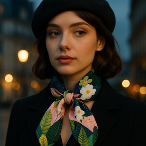 Bufanda de seda botánica, pequeña bufanda cuadrada con hojas verdes, bufanda floral parisina retro para mujer