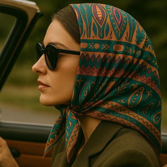 Boho Head Scarf for Women, Vintage Style Hair Wrap, Bohemian Silk - Main Image