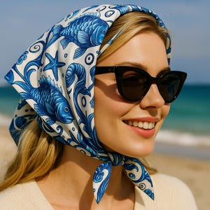 Blue White Ocean Fish Bandana, Nautical Summer Scarf, Boho Sea Life Head Wrap, Coastal Style Accessory