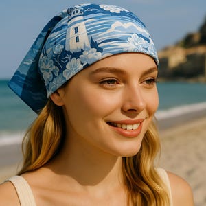Preppy Lighthouse Silk Scarf – Nautical Summer Bandana with Florals, Blue and White Coastal Style