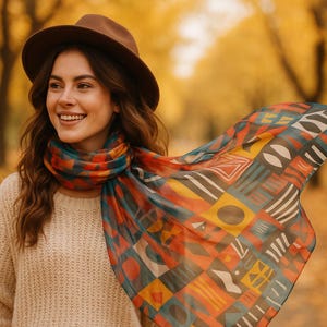 Colorful Boho Long Scarf for Fall Outfits – Lightweight Autumn Shawl, Tribal Wrap