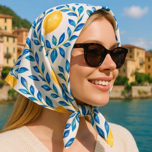 Lemon Print Scarf, Positano-Inspired Summer Bandana, Italian Holiday Fashion Accessory