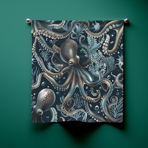 Octopus Scarf, Dark Ocean Marine Pattern summer headchief, Sea Life neckchief,  Underwater Art print bandana
