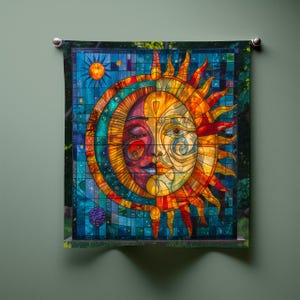 Sun Moon Face Bandana, Celestial Boho Scarf, Spiritual Festival Wrap, Psychedelic Cosmic Accessory