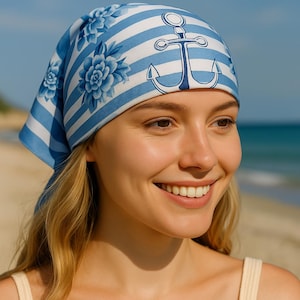 Nautical Blue Anchor Head Scarf – Floral Striped Summer Hair Wrap, Vintage Maritime Bandana