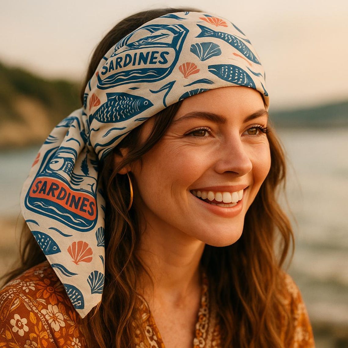 Écharpe rétro sardines, bandana en boîte de sardines, cravate d'été, vibrations de pique-nique à la plage image 1