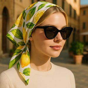 レモン柄スカーフ、イタリアのサマーバンダナ、アマルフィ海岸のヘッドスカーフ、フルーツ柄のビーチウェア、彼女へのギフト