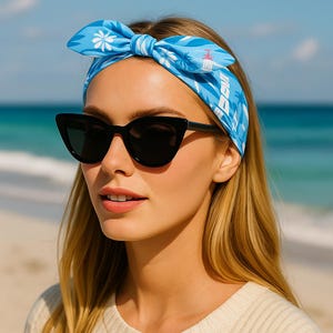 Nautical Bandana, beach outfit, Blue Lighthouse Print Scarf, Coastal Summer Accessory, vocation outfir