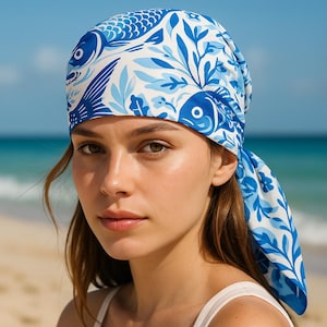 Blue Fish Summer Scarf, Coastal Boho Silk Neck Scarf for Beach Style, Fish Print Nautical Bandana, beach outfit