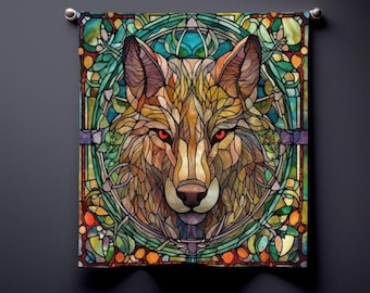 Wolf Glasmalerei Bandana, Boho Quadrat Kopftuch, Waldgeist Tier Bandana, Wolf Seelenschal