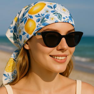 Lemon Floral Summer Scarf – Blueberry & White Blossom Print – Mediterranean Silk Head Wrap