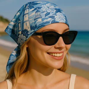 Blue Lighthouse Print Scarf – Nautical Coastal Bandana for Summer, Retro Seaside Headscarf Chic