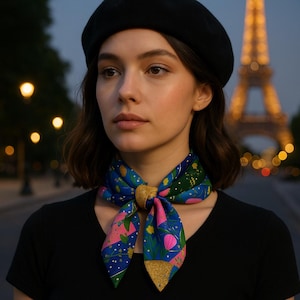 Bufanda de seda azul tulipán, bufanda cuadrada con flores rosas, bufanda retro francesa, regalo parisino para ella