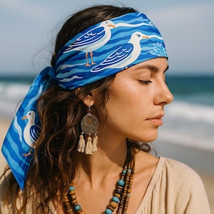Seagull blue Summer Bandana, Coastal Blue sea Silk Scarf, Nautical Ocean Birds Square Headscarf for Women