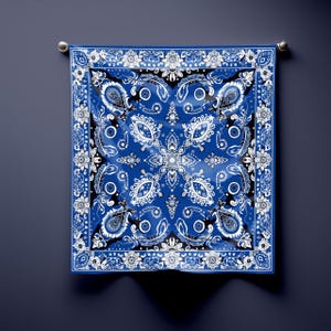 Royal Blue Paisley Bandana, Classic Boho Headscarf, Silk Square Bandana with White and Black Floral Pattern
