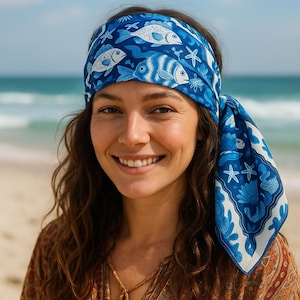 Ocean Fish Bandana, Blue Sea Life Scarf, Summer Beach Outfit Accessory, Boho Coastal Head Wrap