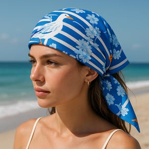 Seagull Stripe Bandana, Nautical Beach Fashion Scarf, Summer Square Head Wrap with Floral Print