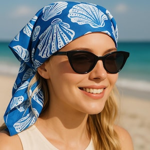 Nautical Shell Bandana, Blue Sea Shell Scarf, Ocean-Inspired Square Summer Accessory, Coastal Style Gift