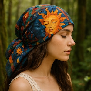 Summer Solstice Sun & Moon Scarf, wicca Yule Bandana, Spiritual Boho Accessory