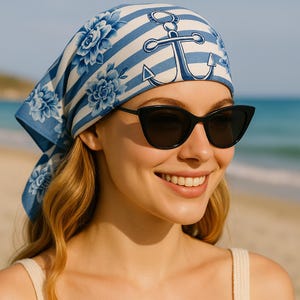 Nautical Blue Floral Anchor Scarf – Coastal Summer Square Head Scarf or Neck Wrap