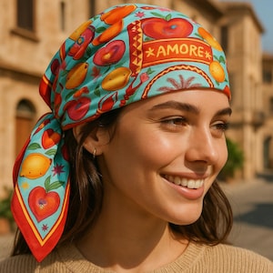 Sicilian Style Bandana – Amore Summer Scarf with Lemons & Lobsters, Colorful Beach Head Wrap