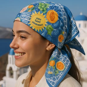 Santorini Greece Bandana – Summer Holiday Scarf “Our Last Summer”, Greek Fruit Tile Square Wrap