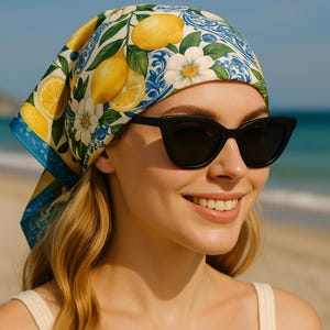 Lemon Floral Italian Head Scarf – Summer Silk Hair Wrap, Mediterranean Citrus Bandana, Boho Beach Gift