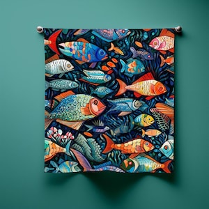 Kolorowy szalik bandana z rybą, festiwalowy szal inspirowany oceanem, artystyczna tropikalna chusta na głowę na letni wygląd
