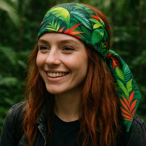 Tropical Jungle Palm Leaves Bandana, Exotic Green Summer Scarf, Botanical Tropic Festival Accessory