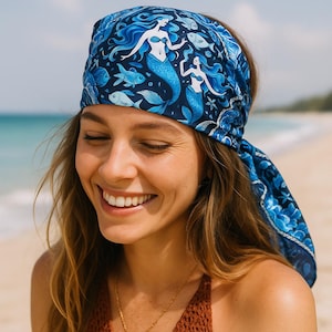 Mermaid Ocean Scarf, beach summer bandana, Blue Sea Life summer outfit, Summer Beach Accessory, Mythical Marine Shawl, Nautical Gift for Her