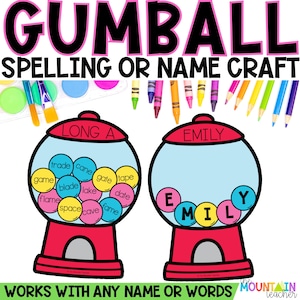 Gumball Craft Template Kit for Kids, Name Writing Template for Toddlers, Editable Spelling Craft, or Homeschool Elementary Phonics Activity