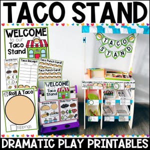 May include: A printable set of play food and signs for a pretend taco stand. The set includes a welcome sign, a taco order form, a taco receipt, a taco punch card, a roll a taco game, a fiesta menu, a build your own taco sign, and a taco stand banner. The set is perfect for dramatic play and pretend play.