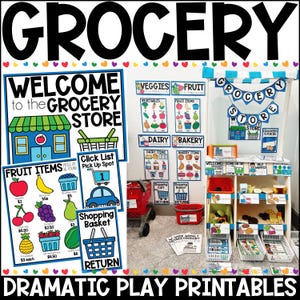May include: A printable set of play grocery store signs for children. The set includes signs for fruits, vegetables, dairy, bakery, and other grocery items. The signs are colourful and feature illustrations of different foods. The set also includes a welcome sign, a sign for the grocery store, and a sign for the checkout counter. The signs are perfect for creating a pretend grocery store in a classroom or at home.