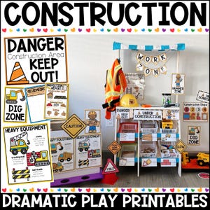 May include: A printable set of construction-themed play props for dramatic play. The set includes signs, posters, and other props for a pretend construction zone. The signs include "Danger Construction Area Keep Out!" and "Work Zone".