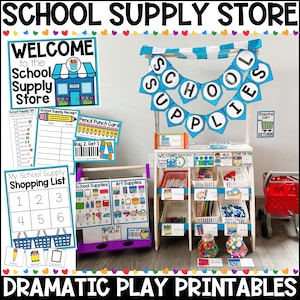 May include: A printable set for dramatic play, featuring a school supply store theme. The set includes a welcome sign, a shopping list, a receipt, a pencil punch card, and a banner that says "School Supplies".