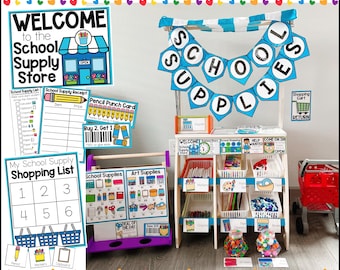 May include: A printable set for dramatic play, featuring a school supply store theme. The set includes a welcome sign, a shopping list, a receipt, a pencil punch card, and a banner that says "School Supplies".