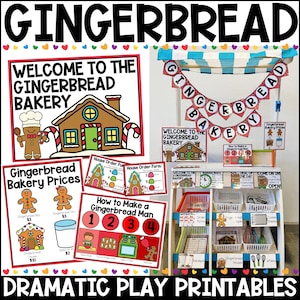 May include: A colorful display of gingerbread-themed dramatic play printables. Includes signs that say "Welcome to the Gingerbread Bakery", "Gingerbread Bakery Prices", and "How to Make a Gingerbread Man". The display also features a gingerbread bakery stand.