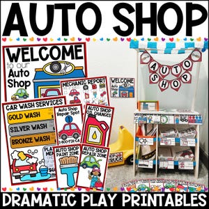 May include: A printable set of play signs for a pretend auto shop. The signs include "Welcome to our Auto Shop", "Car Wash Services", "Mechanic Report", "Auto Shop Repair Spot", "Auto Shop Oil Changes", "Auto Shop Paint Zone", and "Auto Shop Repair Zone".