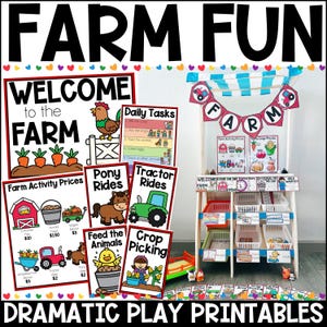 May include: A set of printable farm-themed play props for kids. The set includes signs for a farm stand, a welcome sign, daily tasks, pony rides, tractor rides, feeding the animals, and crop picking. The signs are colorful and feature cartoon images of farm animals and activities.