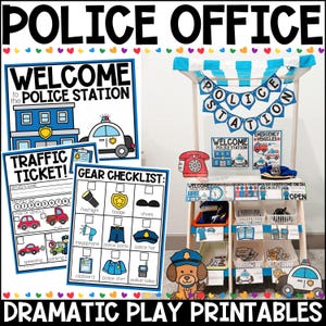 May include: A colorful play set with the words "POLICE OFFICE" at the top. The set includes a police station banner, welcome signs, a traffic ticket, and a gear checklist. There is also a toy police car and a dog wearing a police hat.